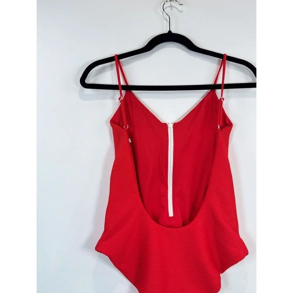 Onia Womens Swimsuit Red One Piece Ribbed Zip Up V Neck Low Scoop Back Small
